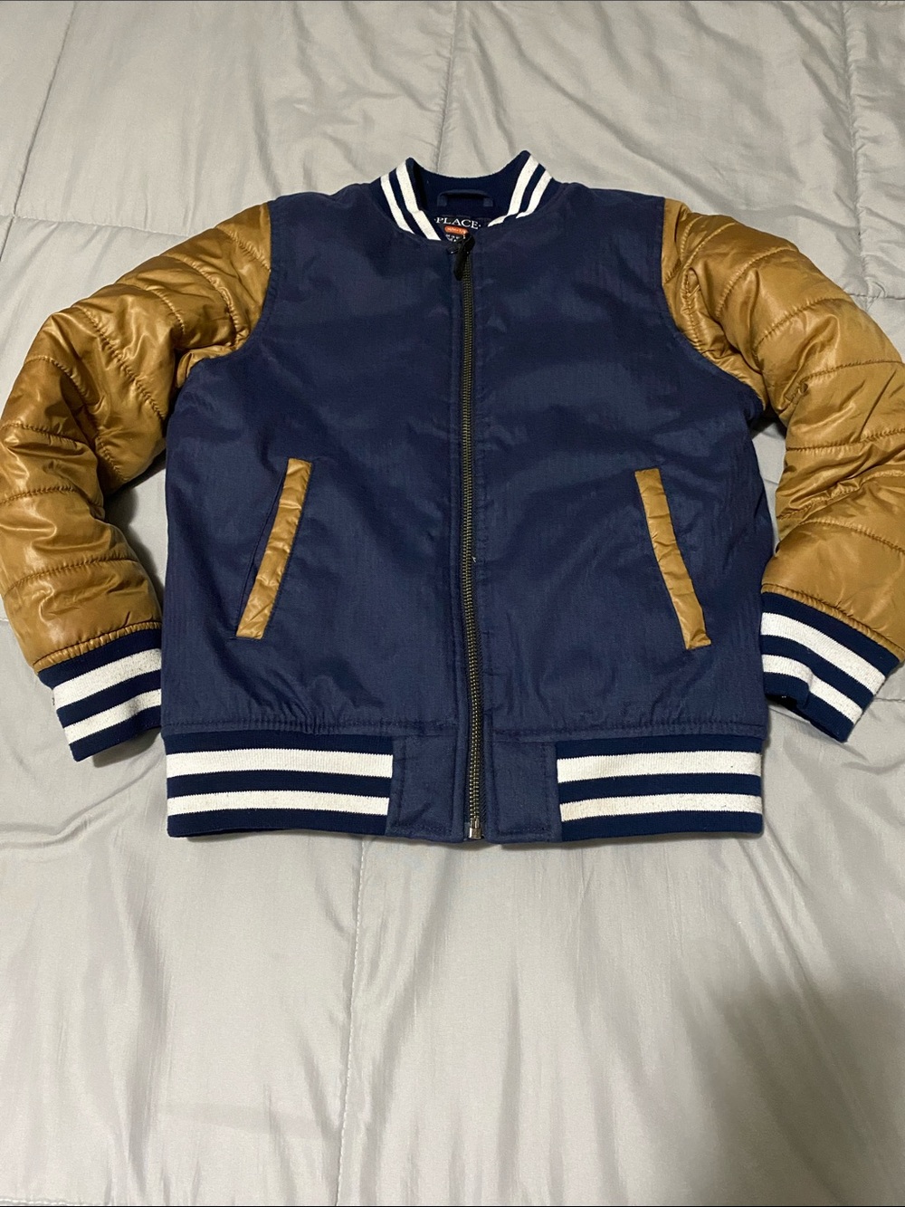 The Children's Place Navy and Tan Puffer Bomber Jacket